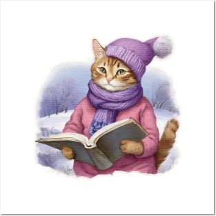 Adorable Cute Cat Read A Book wearing a  purple hat and scarf Posters and Art